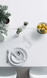 white table with three place settings and various small pots with plants on them