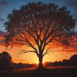 the sun is setting behind a big tree
