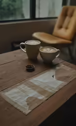 two cups sitting on a table next to a bowl