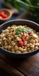 a bowl of beans and tomato on a table
