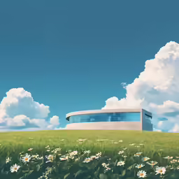 this is the grass field that is green and has flowers in front