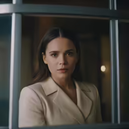 a close up view of a woman looking out the window