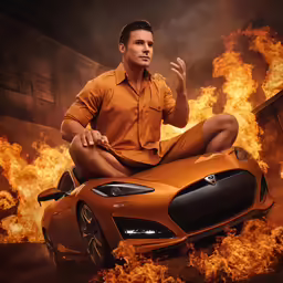 a man in orange shirt sitting on fire with his feet crossed
