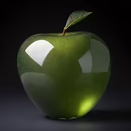a green apple with a small leaf on top of it