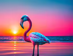 a flamingo standing on top of water at sunset