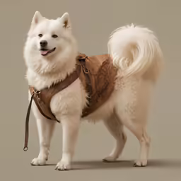 a white dog wearing leather harness and jacket
