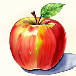 an image of an apple painted in watercolour,a drawing of an apple with a leaf on top