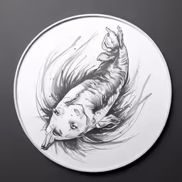 a drawing of a fish on a white disc