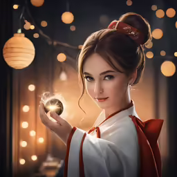 beautiful young woman wearing traditional chinese clothes and holding a sparkle ball