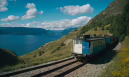 a blue and white train on a train track near mountains
