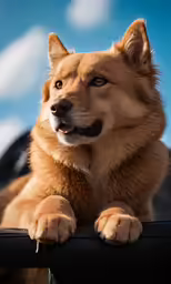 the dog is standing on the car looking forward