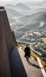 a man walking down the hill towards some hills