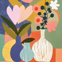 three vases with flowers in them against a colorful background