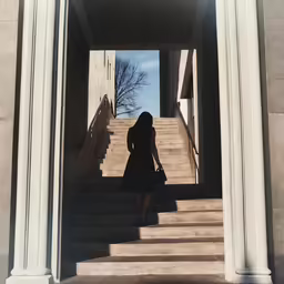 a woman walking up the stairs of a building in her black dress
