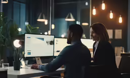 two people sitting at a desk using computers