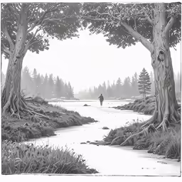 a person walks through the forest on a path through some trees