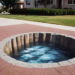 a large pool of water sits on the side walk of a residential area
