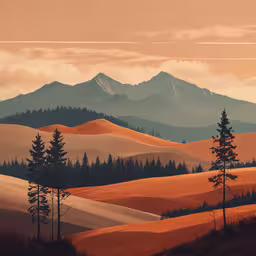 the trees are standing in the desert,a desert with many trees and mountains on it