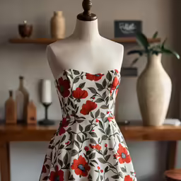 a dress sitting on a mannequin next to a table