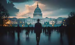 a man walks past a group of people walking in the distance at dusk