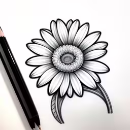 a drawing of a flower on a paper with a pencil next to it,a pencil drawing of a flower with black and white petals