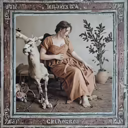the woman is sitting in front of the sheep