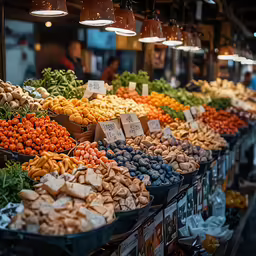 a row of baskets full of assorted fruits and vegetables