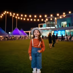 young girl standing in grass near large tents at night