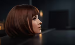 a woman with red hair looking off to her right