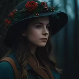 a woman with a hat has a floral arrangement on her head