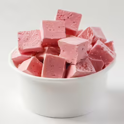 a white bowl of soap that is pink