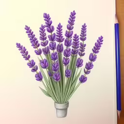a drawing of some purple flowers,drawing with colored pencils and paper showing lavender flowers,watercolor sketch with a lavender bouquet inside of a vase,a drawing of a potted plant with lavender flowers,an ink drawing of purple flowers in a flower pot