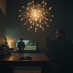 a man sits in a living room looking at fireworks