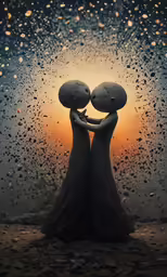 a couple holding hands in front of a rain covered window