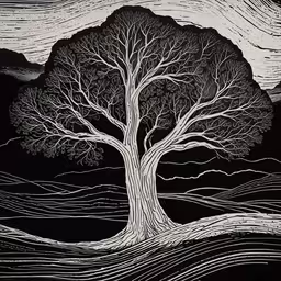 a black and white tree with a river flowing by,a tree with the moon above it