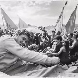 a person putting a cell phone on a group of people