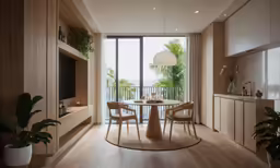 there is a modern living room area with an unusual round table