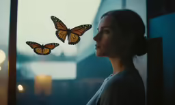 a woman looking out a window at butterflies on the glass