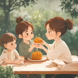 three little girls sit at a table and eat