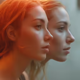 two women looking to their right at the same time