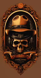 skull wearing a black hat, black leather jacket and a golden colored steampunk,a skull wearing a hat and glasses is in the frame with ribbon