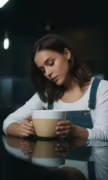 a young girl looking down at her cup