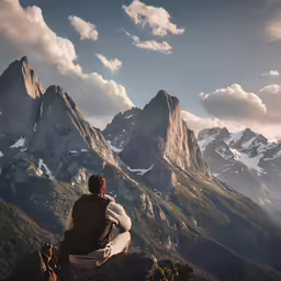 a man sitting on top of a hill looking down at mountains
