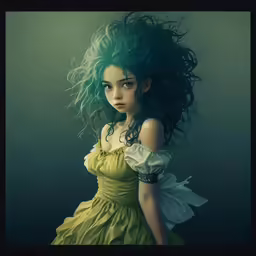a woman with green hair is standing in the water