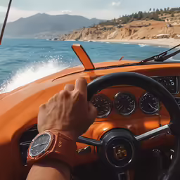 an orange speed boat with the driver holding the steering wheel