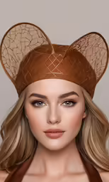 a woman wearing a gold hat with ears on her head