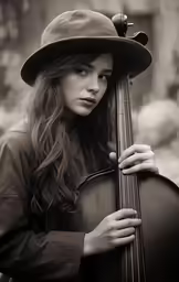 a woman holding an instrument near a wall