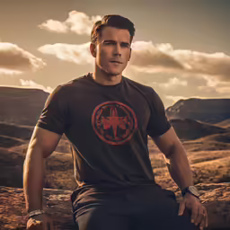 a man sits on a log wearing a shirt with an eagle design