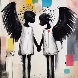 an artistic painting of two kids with large wings