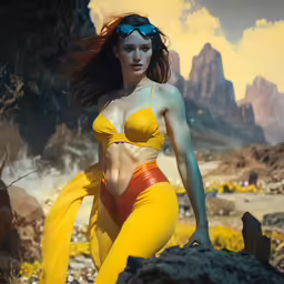 a woman is posing on a mountain top